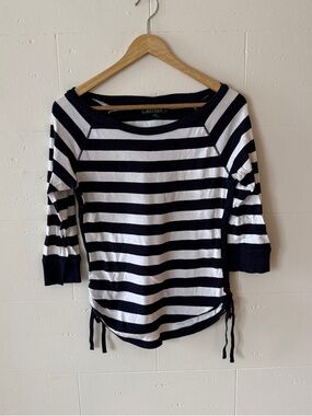 Lauren Ralph Lauren | Navy White Coastal Striped Top Classic Ruched | Small